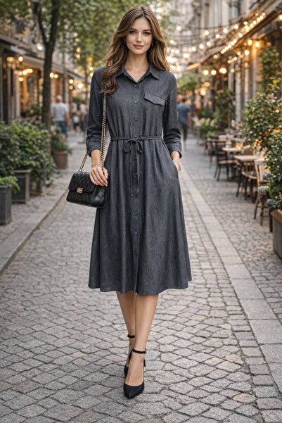 AYASOFYA OTANTIK Women's Anthracite Button-Closure Belt Detailed 100% Tencel ...