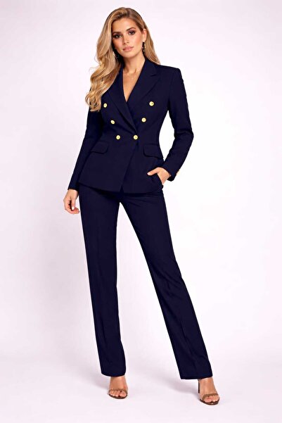 ANATOLIATEKSTILE Elegant Women's Suit, Fitted Jacket with Gold Buttons & Stra...