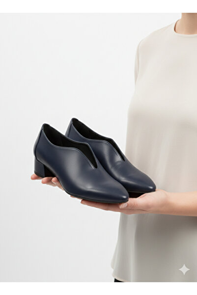 Tamdabu Ayakkabı Navy Blue Genuine Leather Pointed Toe Casual Short Heeled Wo...