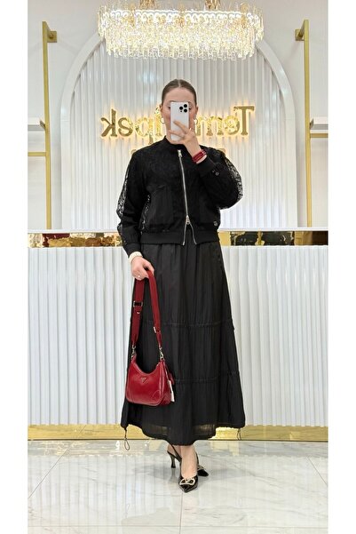 Robin Transparan Çift Cepli Dantel Bomber Ceket