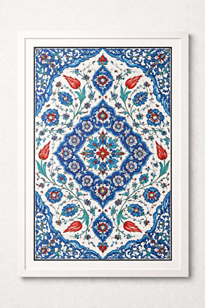 KAYABEY HOME Mavi Geometrik Çini Desenli Beyaz Çerçeveli Modern Duvar Tablosu...