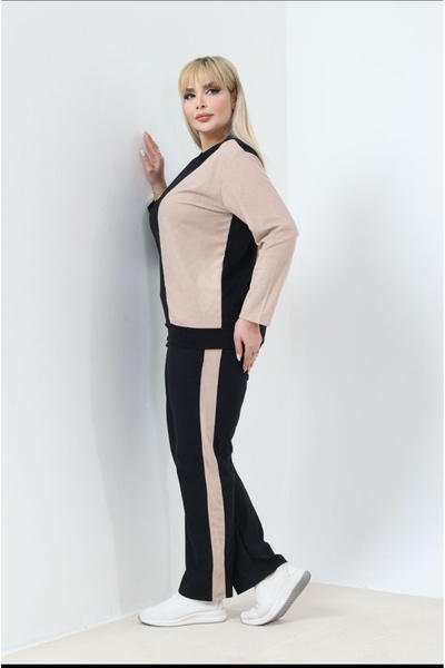 PARKDERİN Plus Size Terry Corduroy Fabric Black - Ecru Color Track Suit
