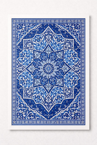 KAYABEY HOME Mavi Geometrik Çini Desenli Beyaz Çerçeveli Modern Duvar Tablosu...