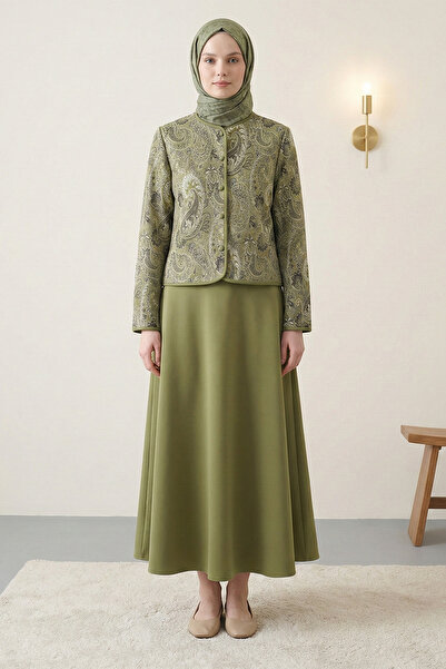 FERHEL Ethnic Patterned Top Buttoned Scuba Suit - Green