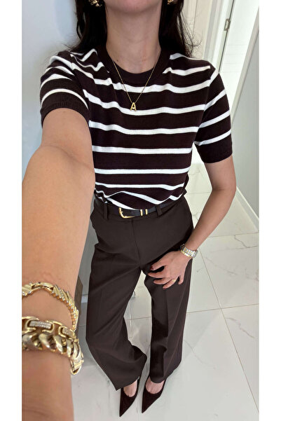 BİRCANÇİL Md Nillad Brown Ecru Striped Short Sleeve Knitwear