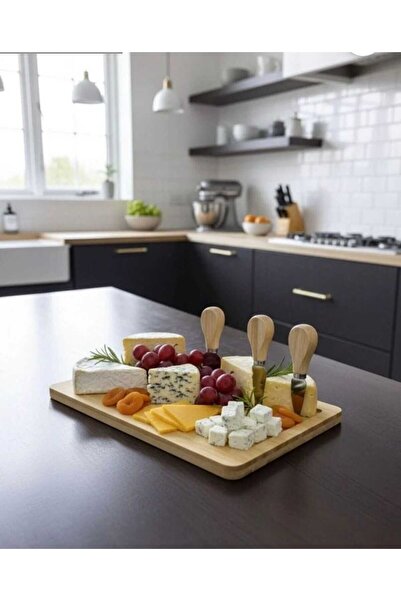 PEKPLUS 4 Piece Bamboo Cheese Presentation Board and Fork - Spatula - Knife S...