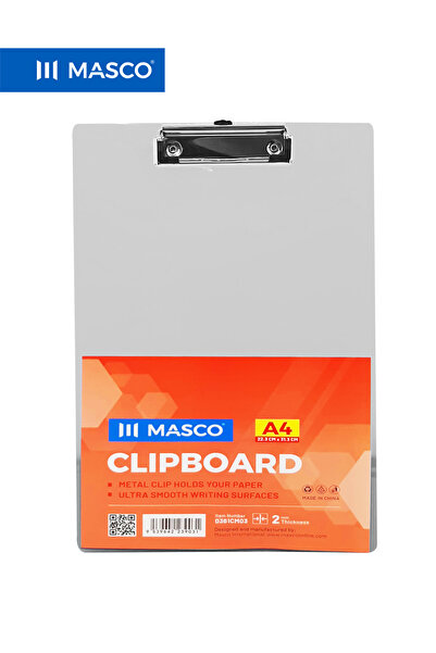 MASCO لوحة كتابة بلاستيكية A4 مزودة بمشبك معدني، سطح كتابة أملس، أبيض