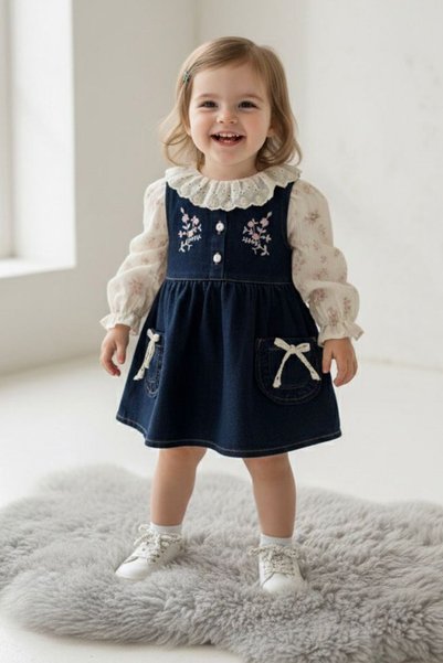Minigimin Cicileri My Little One's Floral Embroidered Denim Ruffle Collar Bab...
