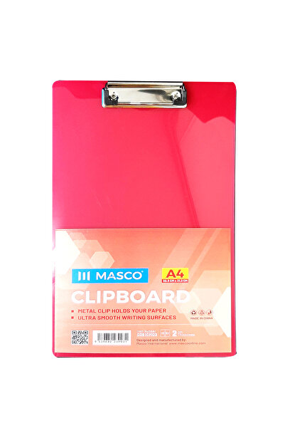 MASCO A4 Plastic Clipboard with Metal Clip, Smooth Writing Surface, Pink