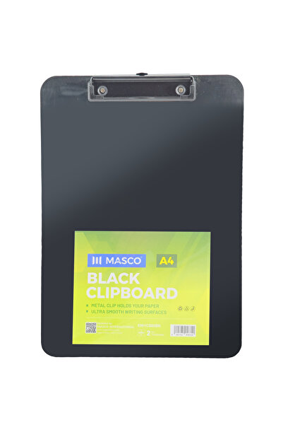MASCO A4 Black Clipboard with Metal Clip, 2mm Thick Board, Smooth Writing Sur...
