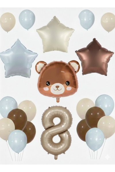 Çemrek Süs Parti Blue Beige Brown Bear Balloon and Number Balloon Set 15 Pieces
