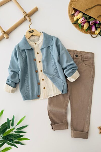 Minigimin Cicileri My Little Boy's Knitted Detailed Knitwear Cardigan and Shi...