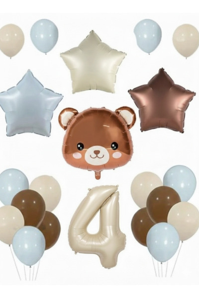 Çemrek Süs Parti Blue Beige Brown Bear Balloon and Number Balloon Set 15 Pieces
