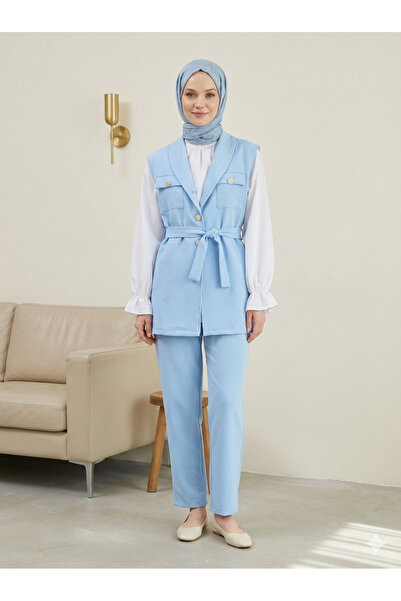 FERHEL Women's Three-Piece Suit Vest Blouse Trousers Combination Set -Blue