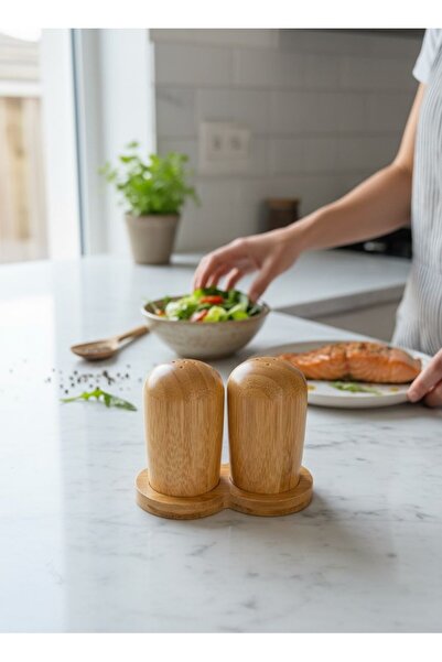 kitchenboost Salt and Pepper Shakers with Bamboo Stand - 3-Piece Tabletop Sal...