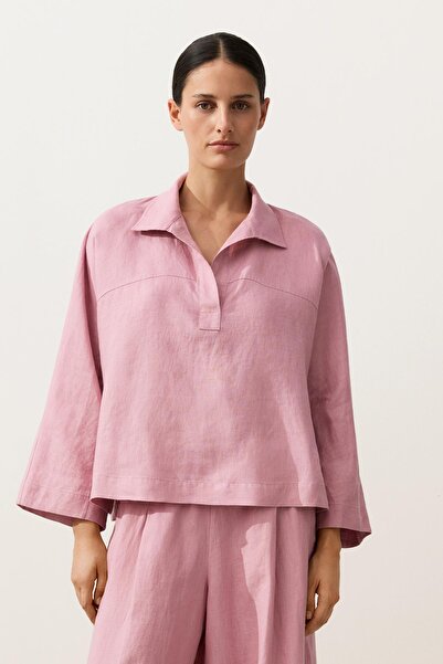 Oysho Oversize uzun kollu %100 keten polo gömlek