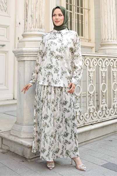 Bestenur Pleated Skirt Satin Double Set 1693