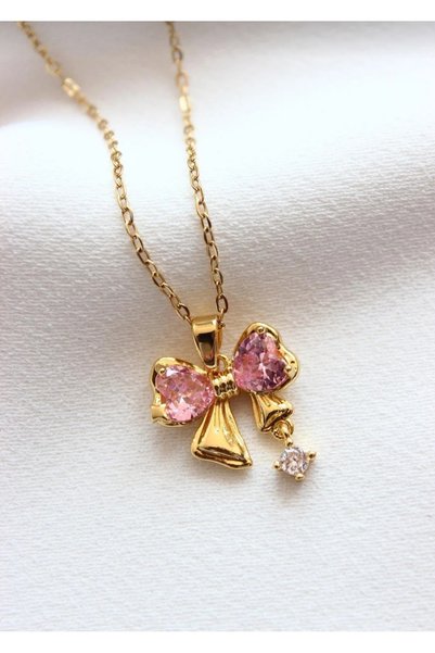 LooRen Butik Bow Stone Detailed Gold Color Non-Tarnish Women's Necklace Lrn017