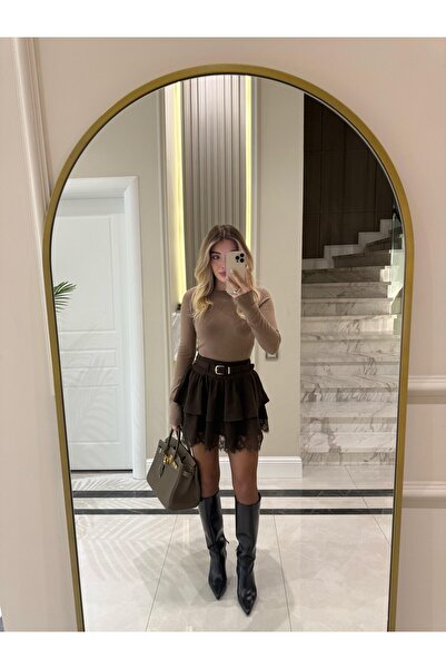 manana fashion Fustă mini maro cu centură și detaliu din dantelă