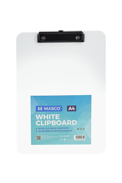 MASCO A4 White Clipboard with Metal Clip, 2mm Thick Board, Smooth Writing Sur...