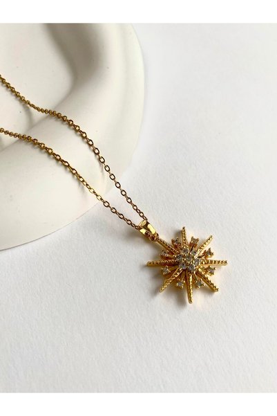 LooRen Butik Star Stone Detailed Gold Color Stainless Tarnish Resistant Women's Necklace Lrn018