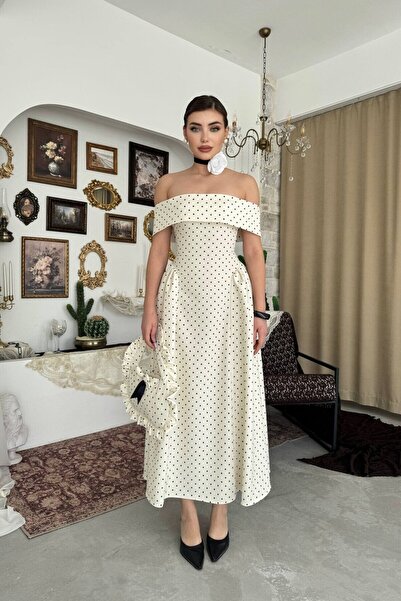 Julidress Polka Dot Patterned Strapless Collar Pleated Maxi Long Premium Dress