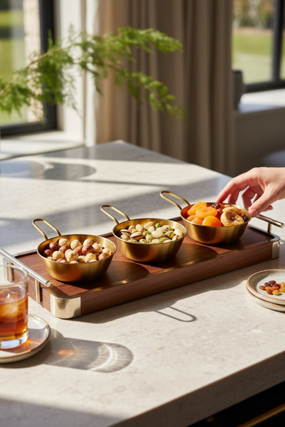 Bereketli Store 3 Adet 10,5 cm Genişliğinde Kulplu Gold Sunumluk Küçük Tava