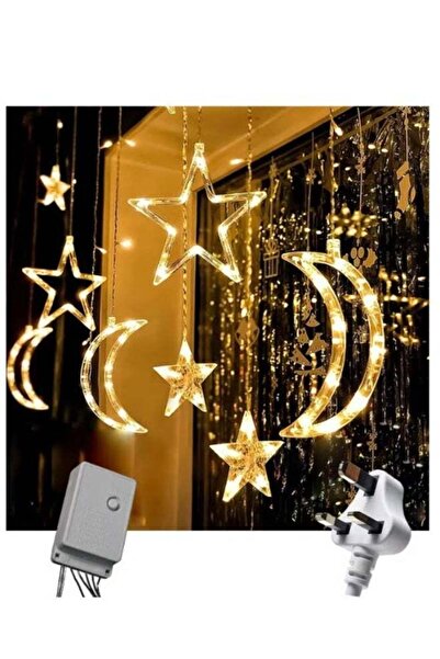 Premium أضواء سلسلة ستائر LED على شكل قمر ونجوم - أبيض دافئ