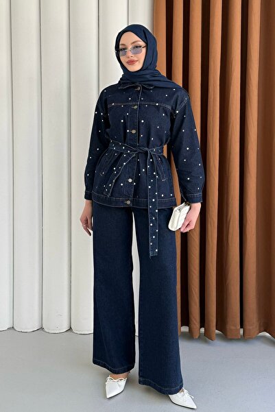 Modaensarbutik Beli Kuşaklı Zımba Çakım Denim Tesettür Takım-KOYU MAVİ