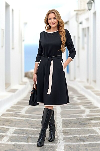 AYASOFYA OTANTIK Women's Black Round Neck Belt Detailed Midi Dress
