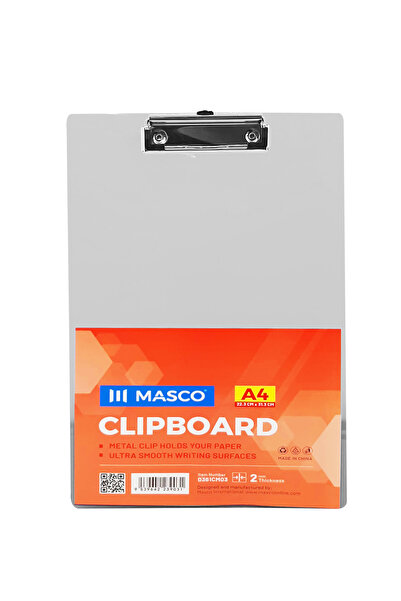 MASCO A4 Plastic Clipboard with Metal Clip, Smooth Writing Surface, White