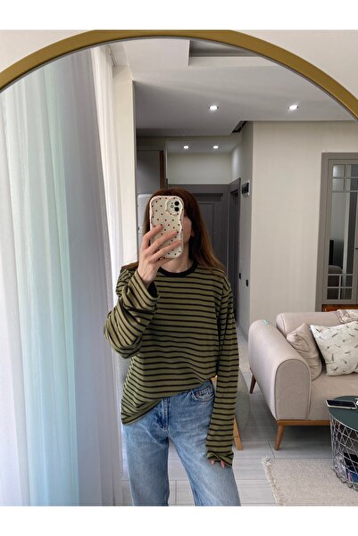 Butik Çizgili Oversize Uzun Kollu Basic Bluz %100 Pamuk
