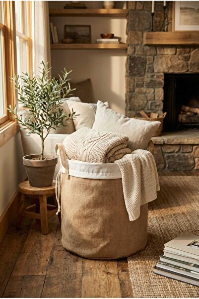 YUNUSOĞLU HOME سلة زخرفية من القش مع إغلاق برباط، لون بيج، مقاس 38x40 سم