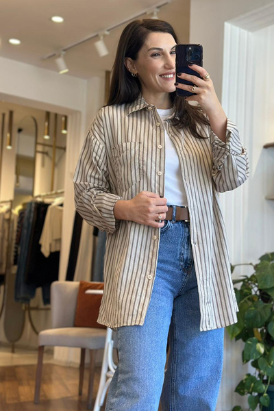 Unique Boutique Bej Kahverengi Çizgili Oversize Gömlek