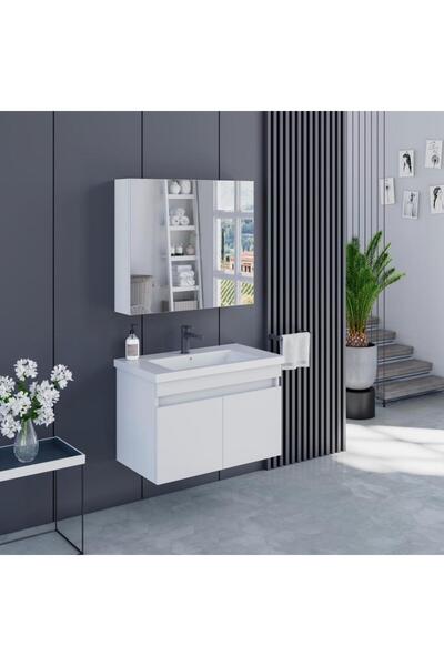 ALVİT Banyo Dolabı 80 CM İcon Ayna Dolaplı Alt Üst Modül Ve Seramik Lavabo Qu...