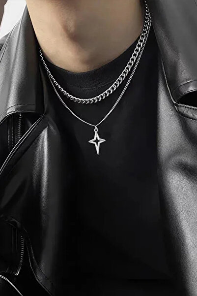 harmony factory Silver Double Chain Crystal Necklace