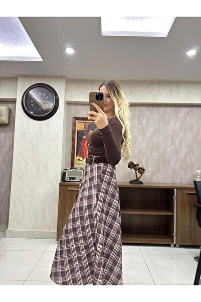 squash Kadın Kahverengi Ekose Yüksek Bel Midi Etek