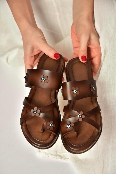 Fox Shoes Y390022603 Brown Genuine Leather Women's Slippers with Evil Eye Bea...