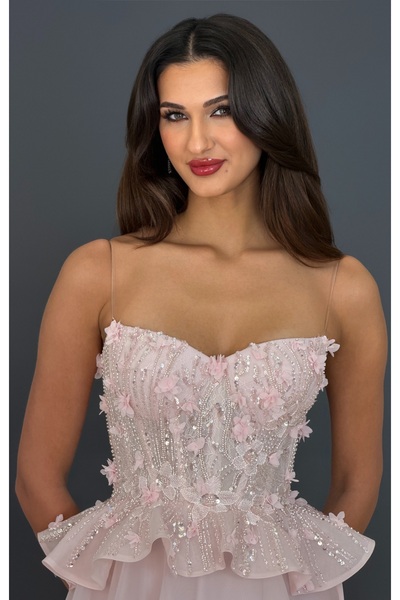 gökkuşagı moda Pudra Straplez Korsajlı Üst Çiçek Detaylı Sırtı Bağlamalı Nişa...