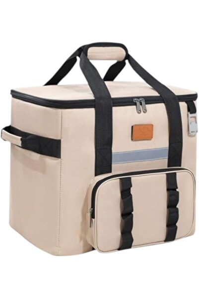 WDA Large Insulated Cooler Bag, Beige with Black Straps, Multiple Storage Com...