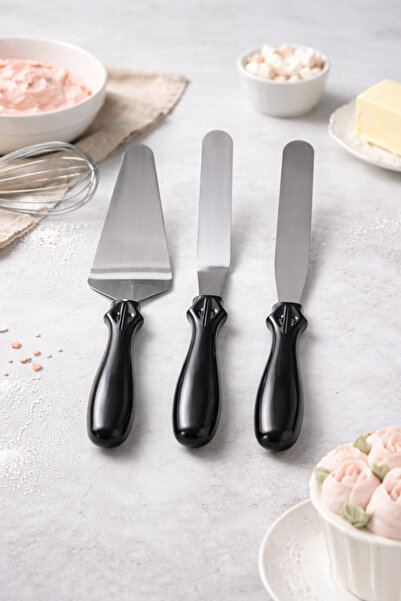 Vadi Set of 3 Stainless Steel Cake Knife Spatulas with Black Handles