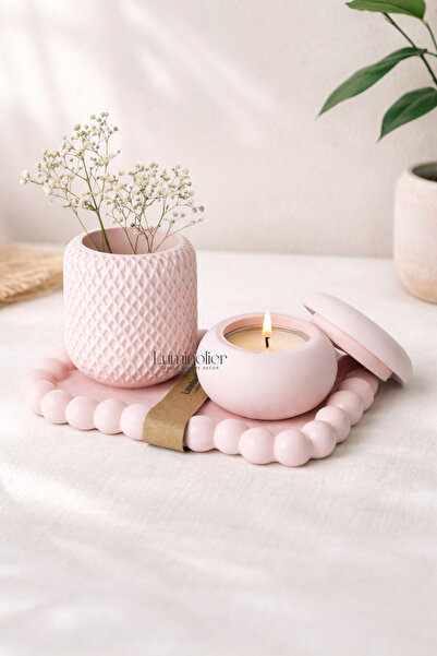 Luminolier Pembe Dekoratif Tepsi Seti – Bubble Tepsi, Mumluk ve Vazolu 3’lü M...