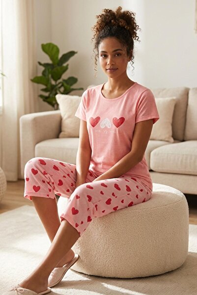 Niket Life Women's Heart Patterned Crew Neck Short Sleeve Bottom Patterned Ca...