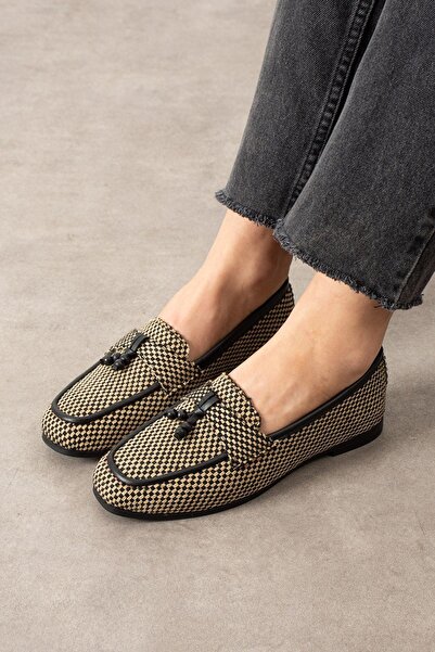 FUGA MODA Падуа карирана черна обувка с ресни и дървени мъниста, плоска обувк...