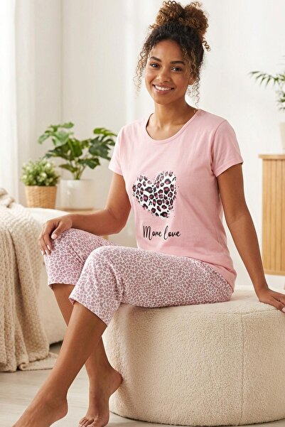 Niket Life طقم بيجامة نسائي من القطن الممشط بأكمام قصيرة وياقة دائرية وطبعة ج...