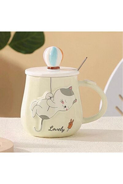 Two Two Colorful Flying Balloon Ceramic Mug with Lid and Spoon – Cute Cat Pat...