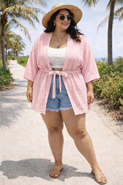 MODAALFABE كيمونو من الموسلين بطبقة مزدوجة مقاس كبير