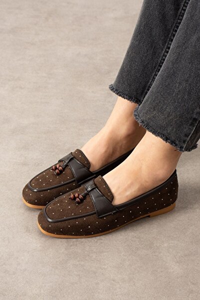 FUGA MODA Padova Brown Mini Stone Tasseled Wooden Bead Detailed Loafer Baller...