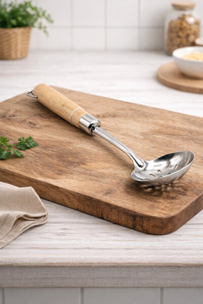 Vadi ملعقة تقديم مثقوبة من الفولاذ المقاوم للصدأ بمقبض خشبي، مغرفة للمطبخ VD9224