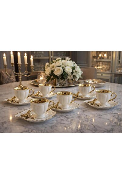 KRD Home Zarif Detaylı 6 Kişilik 12 Parça Porselen Fincan Takımı